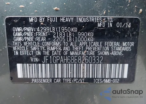 2014 Subaru Impreza 2.0I Limited из США, поврежденный, VIN JF1GPAH68E8260332